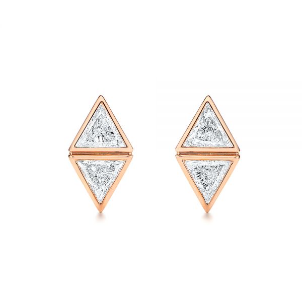 14k Rose Gold Modern Bezel Set Trillion Diamond Earrings - Three-Quarter View -  106064