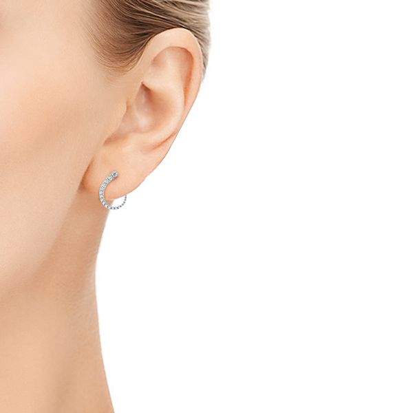 14k White Gold Modern Hoop Diamond Earrings - Hand View -  106334
