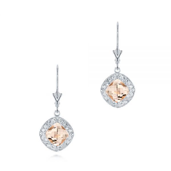18k White Gold 18k White Gold Morganite And Diamond Earrings - Three-Quarter View -  103769