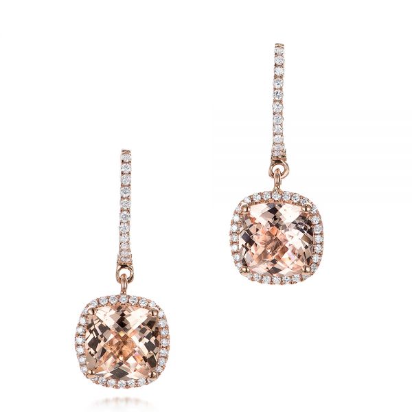 14k Rose Gold Morganite And Diamond Halo Earrings - Three-Quarter View -  101017