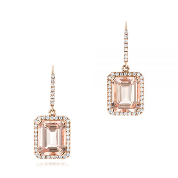 14k Rose Gold Morganite And Diamond Halo Earrings - Three-Quarter View -  102775