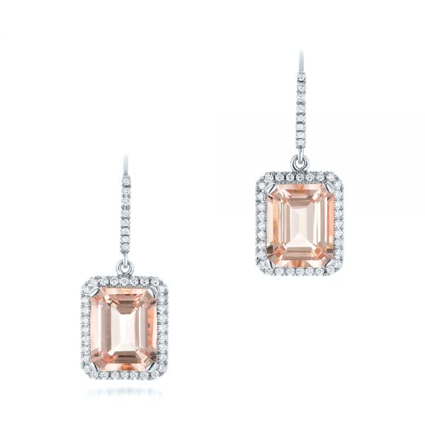 18k White Gold 18k White Gold Morganite And Diamond Halo Earrings - Three-Quarter View -  102775