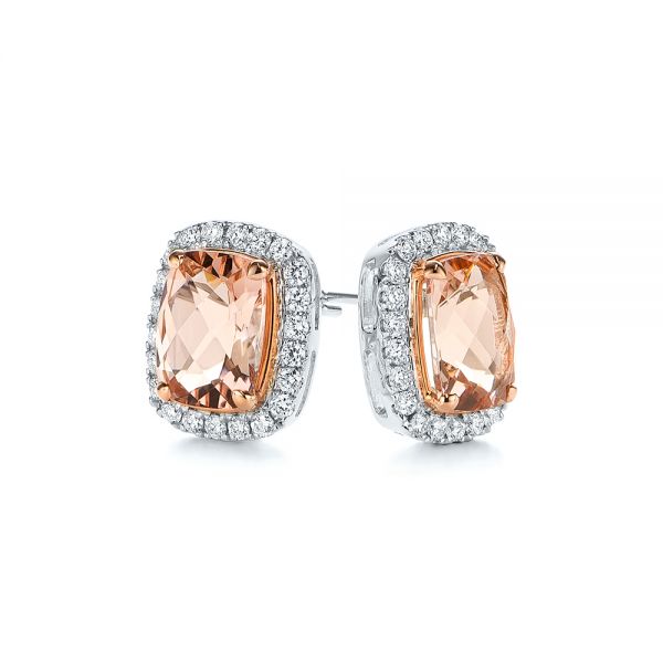 14k Rose Gold And 14K Gold Morganite And Diamond Halo Two-tone Earrings - Front View - 106019