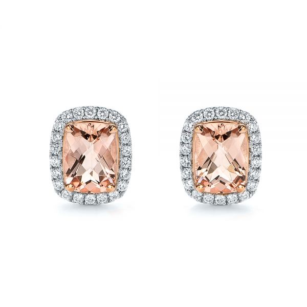 18k Rose Gold And 14K Gold 18k Rose Gold And 14K Gold Morganite And Diamond Halo Two-tone Earrings - Three-Quarter View -  106019