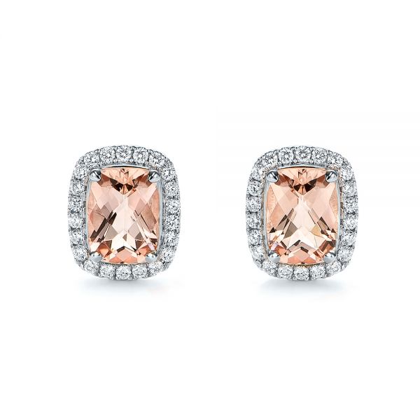  Platinum And 14K Gold Platinum And 14K Gold Morganite And Diamond Halo Two-tone Earrings - Three-Quarter View -  106019