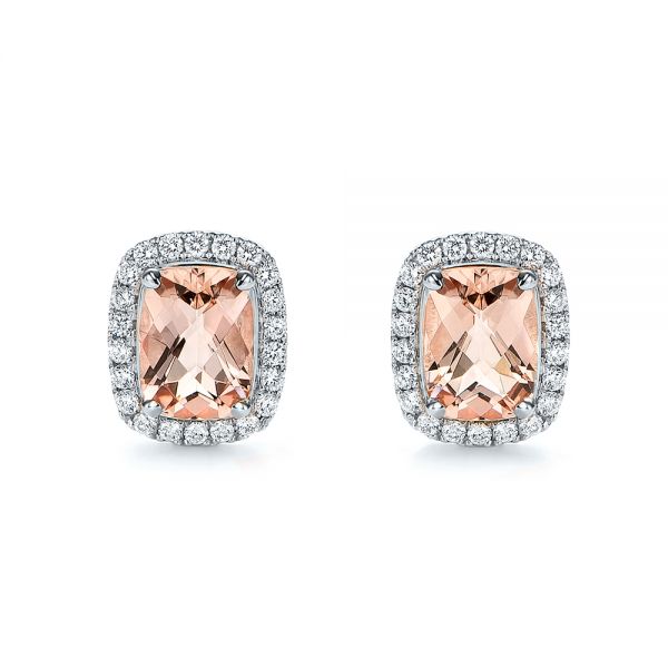  Platinum And 18K Gold Platinum And 18K Gold Morganite And Diamond Halo Two-tone Earrings - Three-Quarter View -  106019