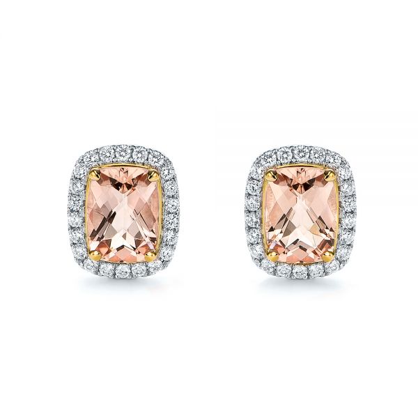 18k Yellow Gold And Platinum 18k Yellow Gold And Platinum Morganite And Diamond Halo Two-tone Earrings - Three-Quarter View -  106019