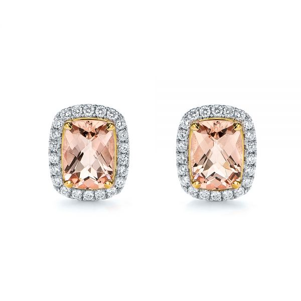 18k Yellow Gold And 14K Gold 18k Yellow Gold And 14K Gold Morganite And Diamond Halo Two-tone Earrings - Three-Quarter View -  106019