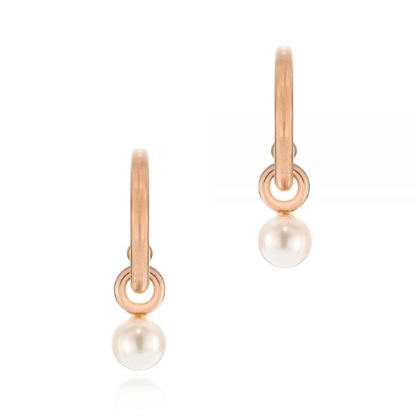 14k Rose Gold Open Hoop Pearl Earrings - Three-Quarter View -  105810