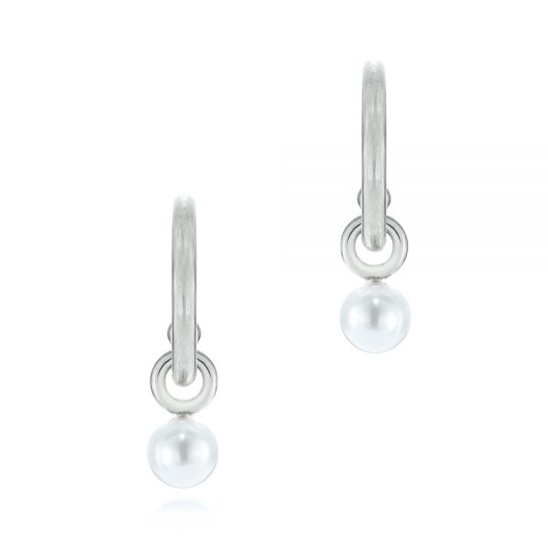 18k White Gold 18k White Gold Open Hoop Pearl Earrings - Three-Quarter View -  105810