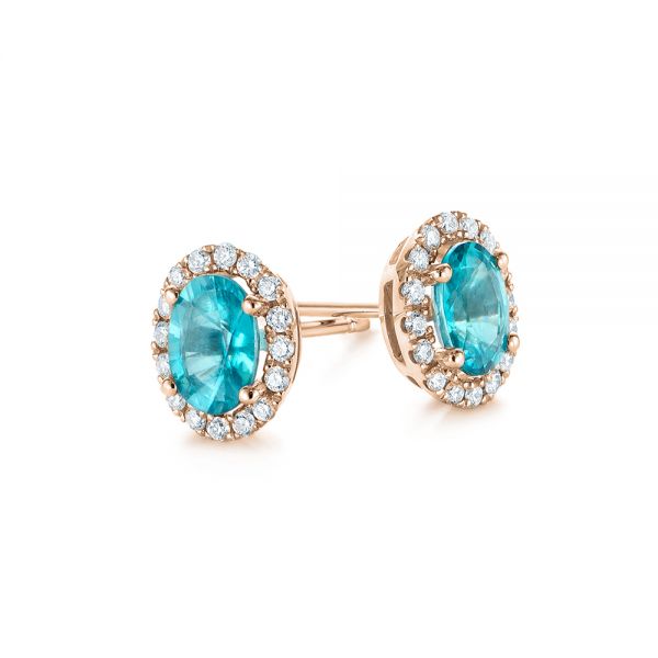 14k Rose Gold 14k Rose Gold Oval Blue Zircon And Diamond Halo Earrings - Front View - 105010