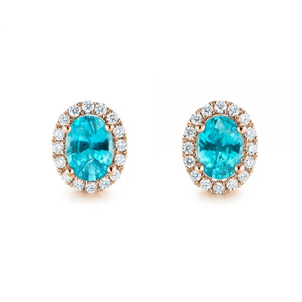 18k Rose Gold 18k Rose Gold Oval Blue Zircon And Diamond Halo Earrings - Three-Quarter View -  105010