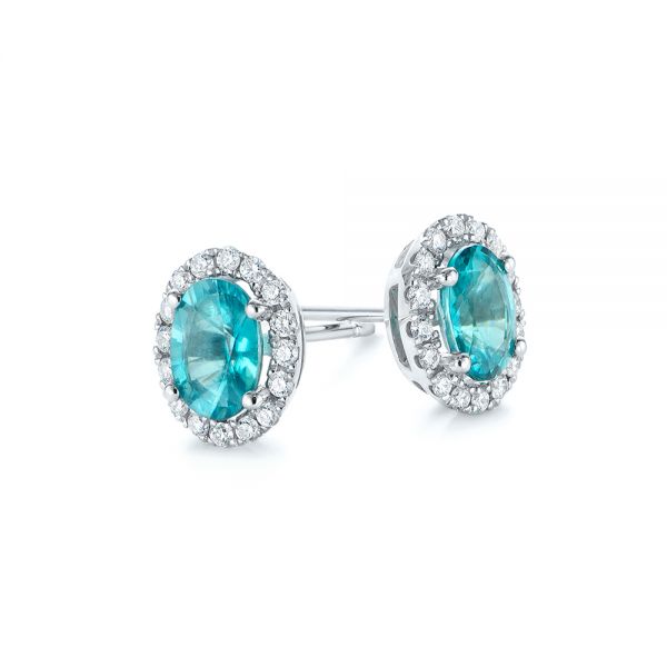14k White Gold Oval Blue Zircon And Diamond Halo Earrings - Front View - 105010