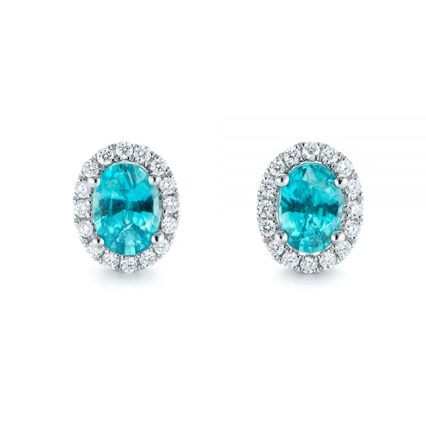  Platinum Platinum Oval Blue Zircon And Diamond Halo Earrings - Three-Quarter View -  105010