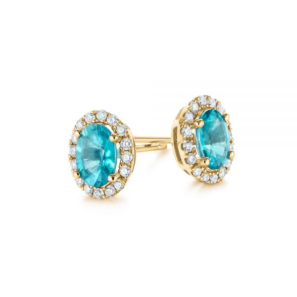 18k Yellow Gold 18k Yellow Gold Oval Blue Zircon And Diamond Halo Earrings - Front View -  105010