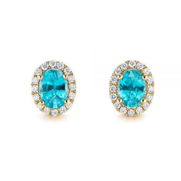 14k Yellow Gold 14k Yellow Gold Oval Blue Zircon And Diamond Halo Earrings - Three-Quarter View -  105010