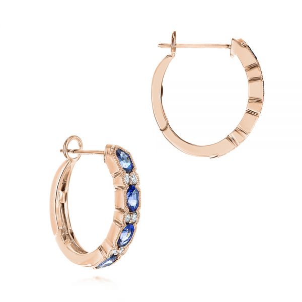 18k Rose Gold 18k Rose Gold Pastel Blue Sapphire And Diamond Hoop Earrings - Front View - 106063