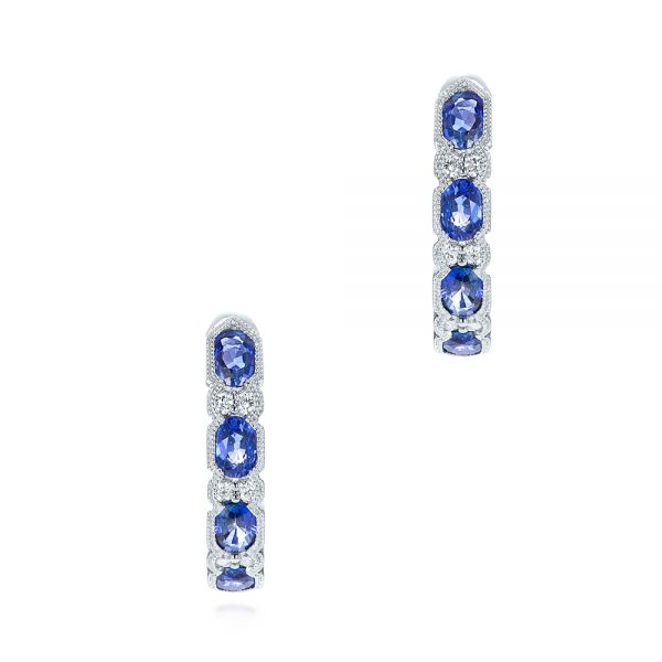  Platinum Platinum Pastel Blue Sapphire And Diamond Hoop Earrings - Three-Quarter View -  106063