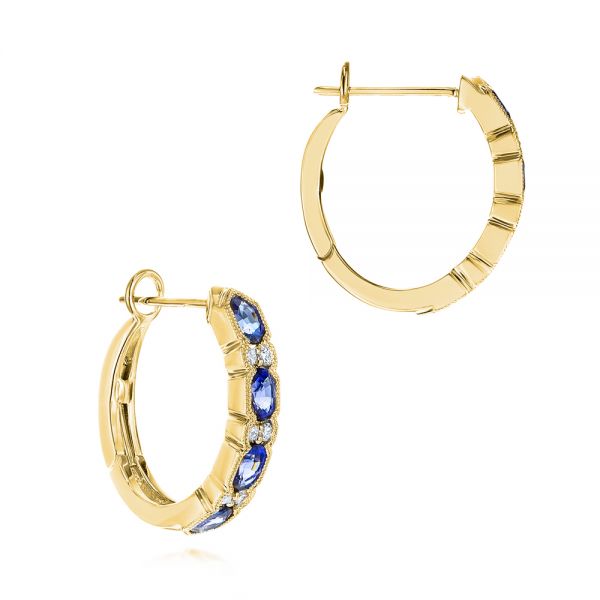 14k Yellow Gold 14k Yellow Gold Pastel Blue Sapphire And Diamond Hoop Earrings - Front View -  106063