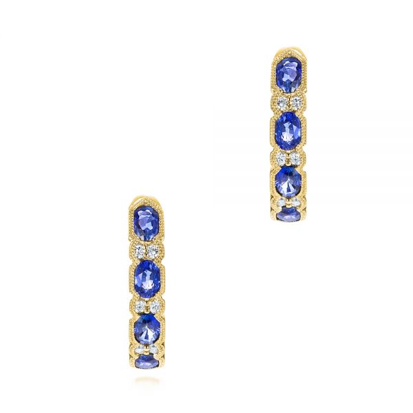 18k Yellow Gold 18k Yellow Gold Pastel Blue Sapphire And Diamond Hoop Earrings - Three-Quarter View -  106063