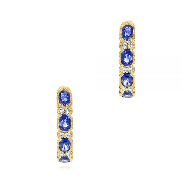 14k Yellow Gold 14k Yellow Gold Pastel Blue Sapphire And Diamond Hoop Earrings - Three-Quarter View -  106063