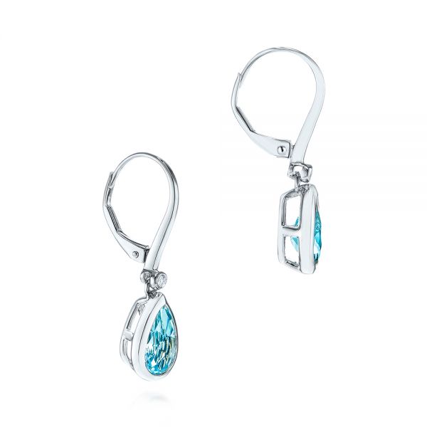 14k White Gold Pear Shaped Blue Topaz And Diamond Earrings - Front View - 106055