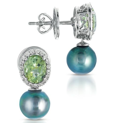 18k White Gold Pearl Garnet And Diamond Earrings - Vanna K - Three-Quarter View -  1048