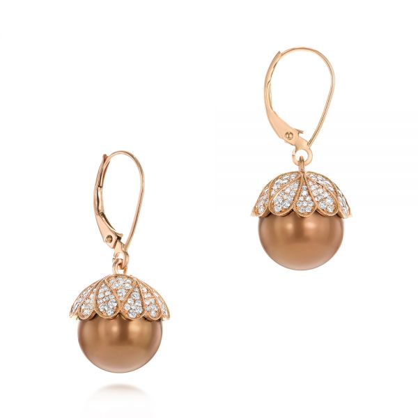 14k Rose Gold Pearl And Diamond Dangle Earrings - Front View -  103540