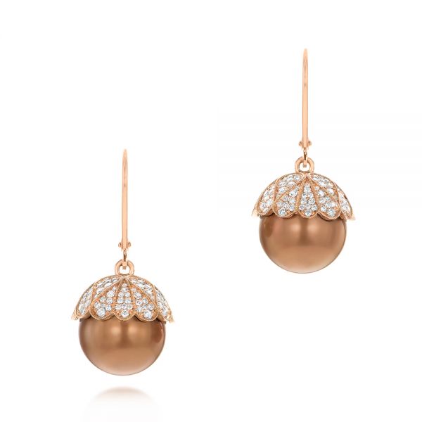 18k Rose Gold 18k Rose Gold Pearl And Diamond Dangle Earrings - Three-Quarter View -  103540