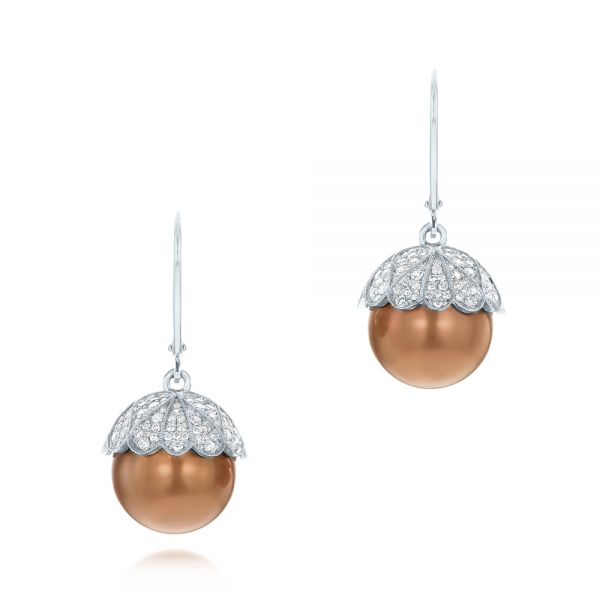 18k White Gold 18k White Gold Pearl And Diamond Dangle Earrings - Three-Quarter View -  103540