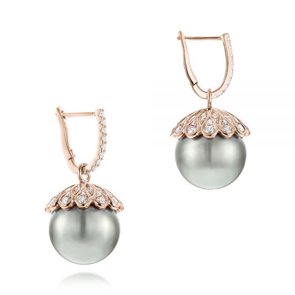 14k Rose Gold 14k Rose Gold Pearl And Diamond Drop Earrings - Front View -  103293