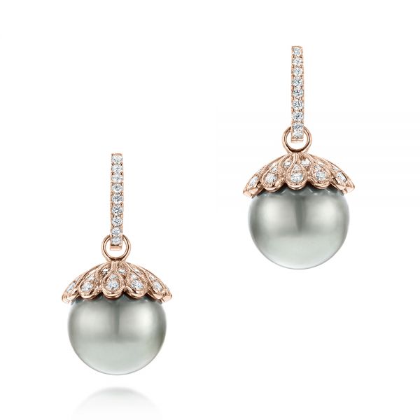 18k Rose Gold 18k Rose Gold Pearl And Diamond Drop Earrings - Three-Quarter View -  103293