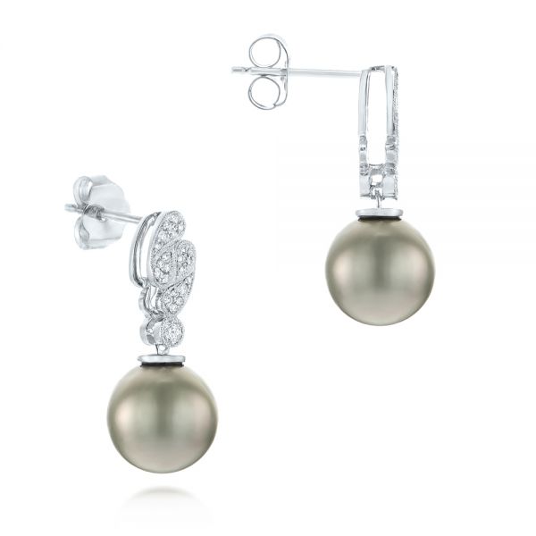 14k White Gold Pearl And Diamond Drop Earrings - Front View -  103618