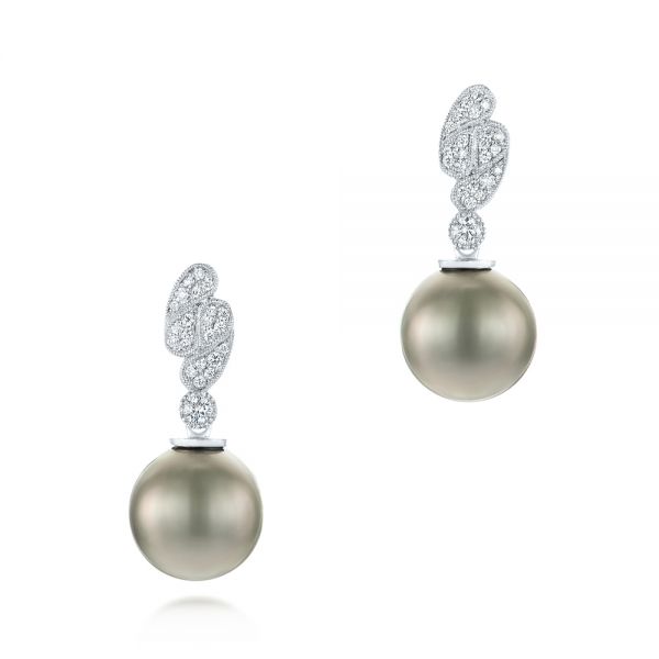 14k White Gold Pearl And Diamond Drop Earrings - Three-Quarter View -  103618