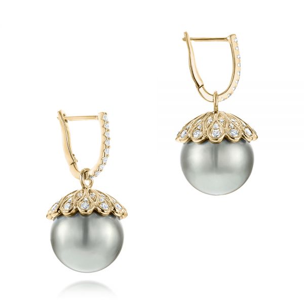 14k Yellow Gold 14k Yellow Gold Pearl And Diamond Drop Earrings - Front View -  103293