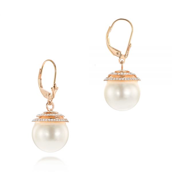 18k Rose Gold Pearl And Diamond Drop Earrings - Front View -  103318