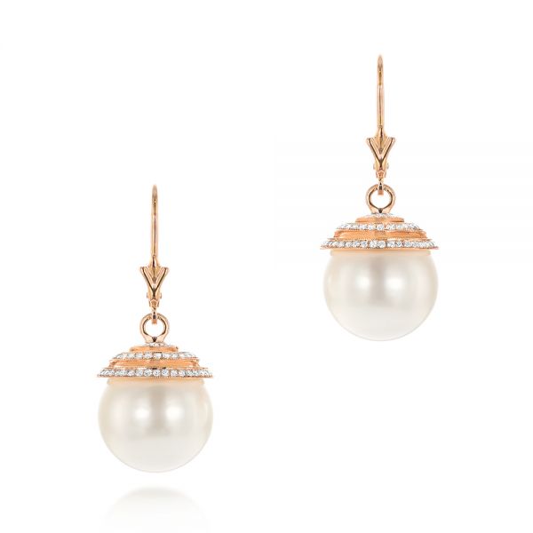 14k Rose Gold 14k Rose Gold Pearl And Diamond Drop Earrings - Three-Quarter View -  103318