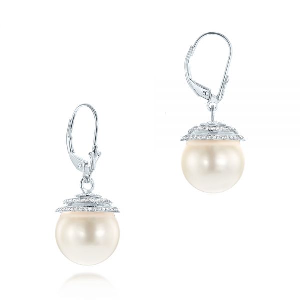 14k White Gold 14k White Gold Pearl And Diamond Drop Earrings - Front View -  103318