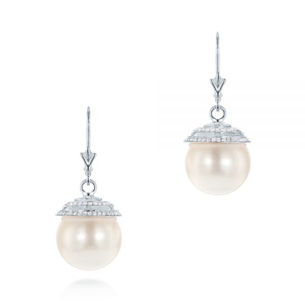 14k White Gold 14k White Gold Pearl And Diamond Drop Earrings - Three-Quarter View -  103318