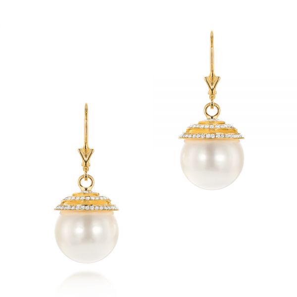 14k Yellow Gold 14k Yellow Gold Pearl And Diamond Drop Earrings - Three-Quarter View -  103318