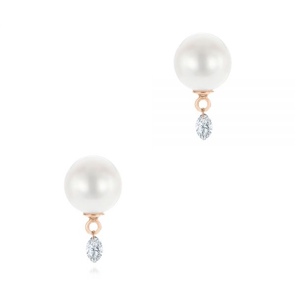 14k Rose Gold 14k Rose Gold Pearl And Diamond Earrings - Three-Quarter View -  101508