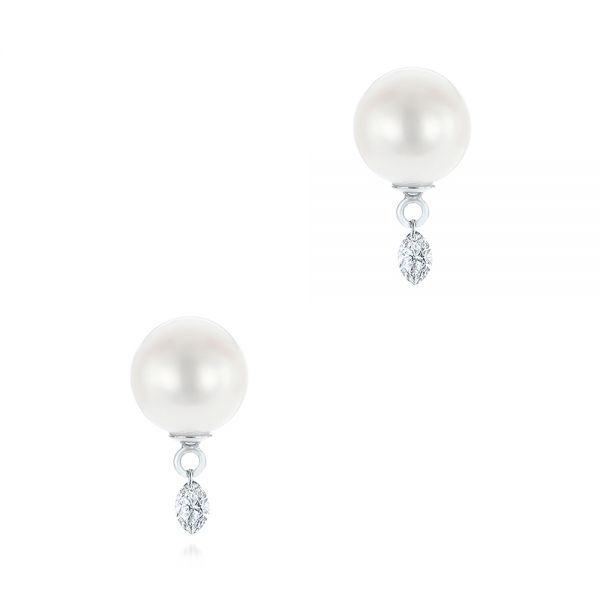 14k White Gold Pearl And Diamond Earrings - Three-Quarter View -  101508