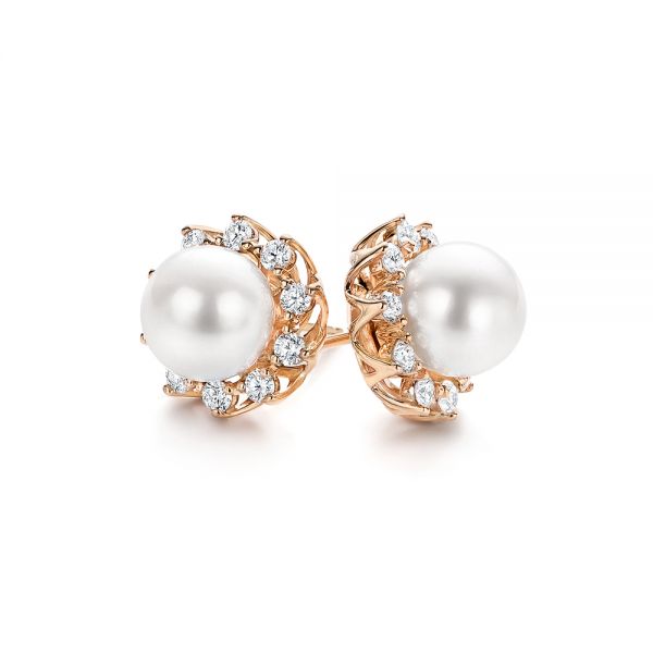 14k Rose Gold 14k Rose Gold Pearl And Diamond Halo Stud Earrings - Front View -  106958