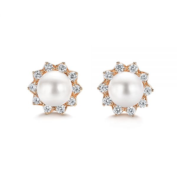 14k Rose Gold 14k Rose Gold Pearl And Diamond Halo Stud Earrings - Three-Quarter View -  106958