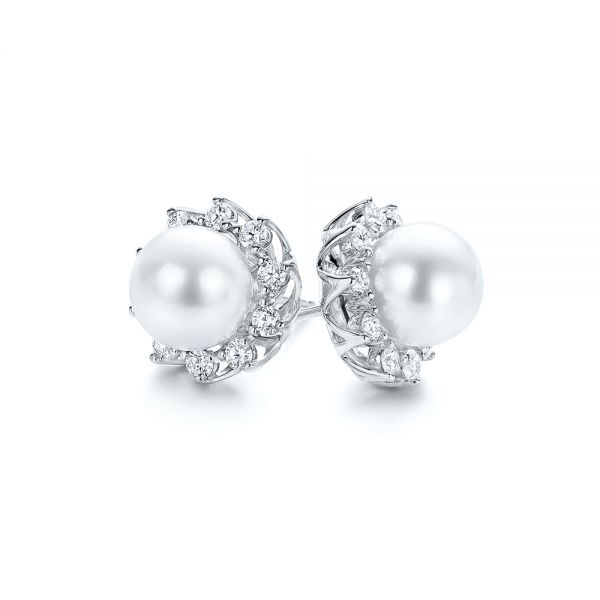 18k White Gold 18k White Gold Pearl And Diamond Halo Stud Earrings - Front View -  106958