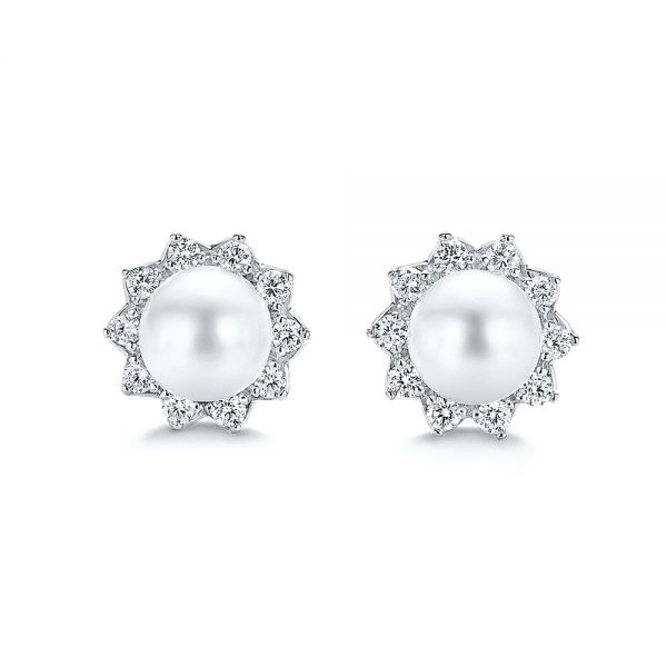 14k White Gold 14k White Gold Pearl And Diamond Halo Stud Earrings - Three-Quarter View -  106958