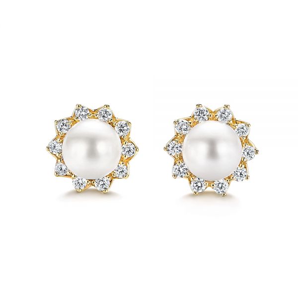 14k Yellow Gold 14k Yellow Gold Pearl And Diamond Halo Stud Earrings - Three-Quarter View -  106958
