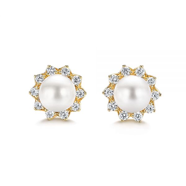 18k Yellow Gold 18k Yellow Gold Pearl And Diamond Halo Stud Earrings - Three-Quarter View -  106958