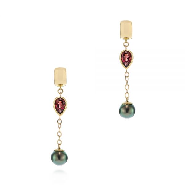 18k Yellow Gold Pearl And Garnet Drop Earrings - Three-Quarter View -  105851