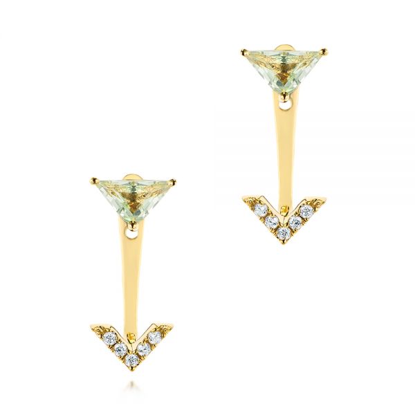 14k Yellow Gold Peek-a-boo Stud Earrings With Diamonds And Green Amethyst - Three-Quarter View -  104358